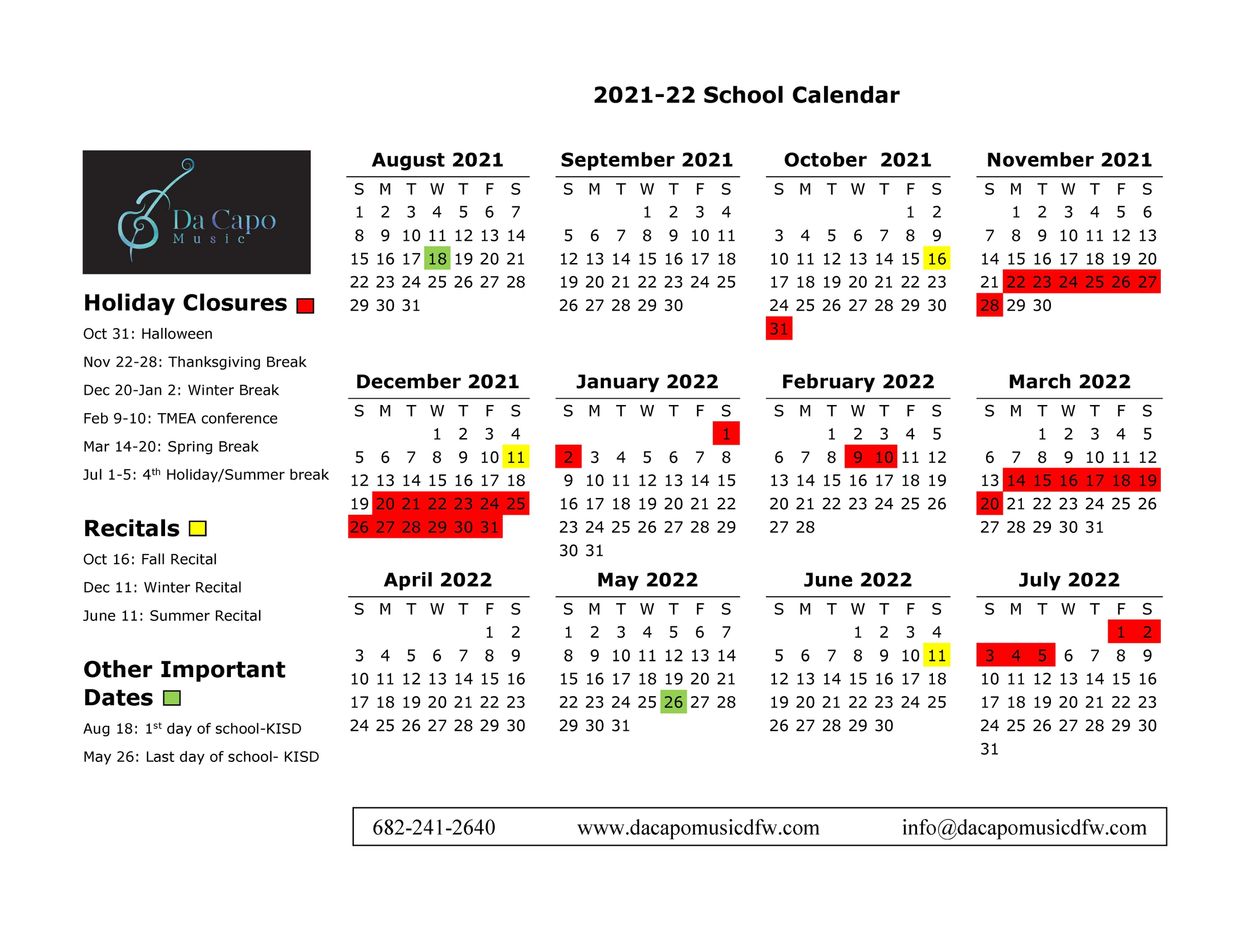 Da Capo Music School Calendar | Top Music School In Keller, Tx