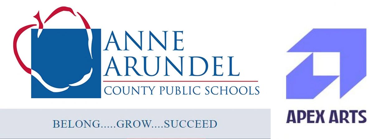 Logo of Anne Arundel County Public Schools and Apex Arts with the motto 'Belong, Grow, Succeed'.