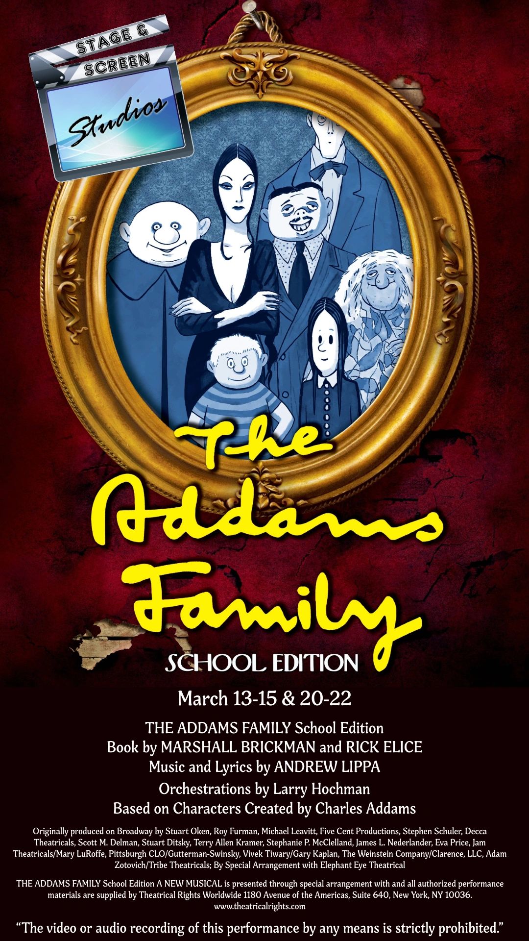 Poster for The Addams Family School Edition musical playing in March.