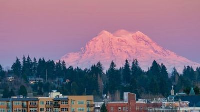 Snow-capped mountain glowing pink at sunset behind a forest and buildings.