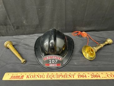 Aboite Firefighter Helmet, Bugle and Fire Hose Nosle