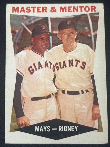 Giants Master & Mentor Baseball Trading Card. The Card Features Willie Mays and Bill Rigney