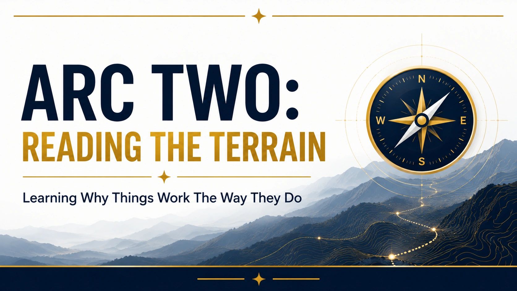 Arc Two: Reading the Terrain with compass and mountain visuals.