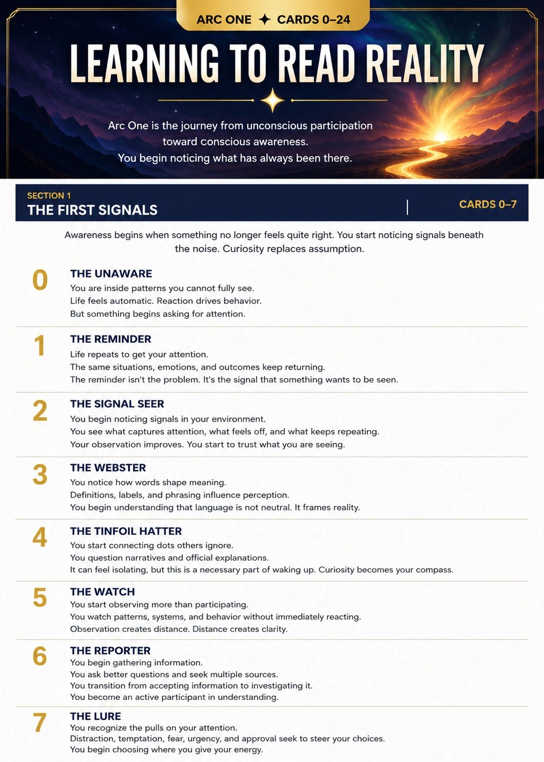 Arc One cards guide awareness from unconsciousness to noticing reality's signals.
