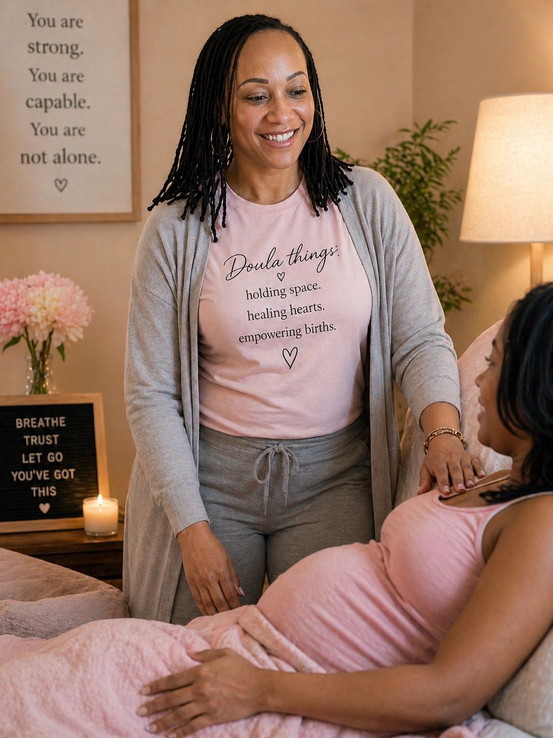 A doula provides comforting support to a pregnant woman in a cozy room.