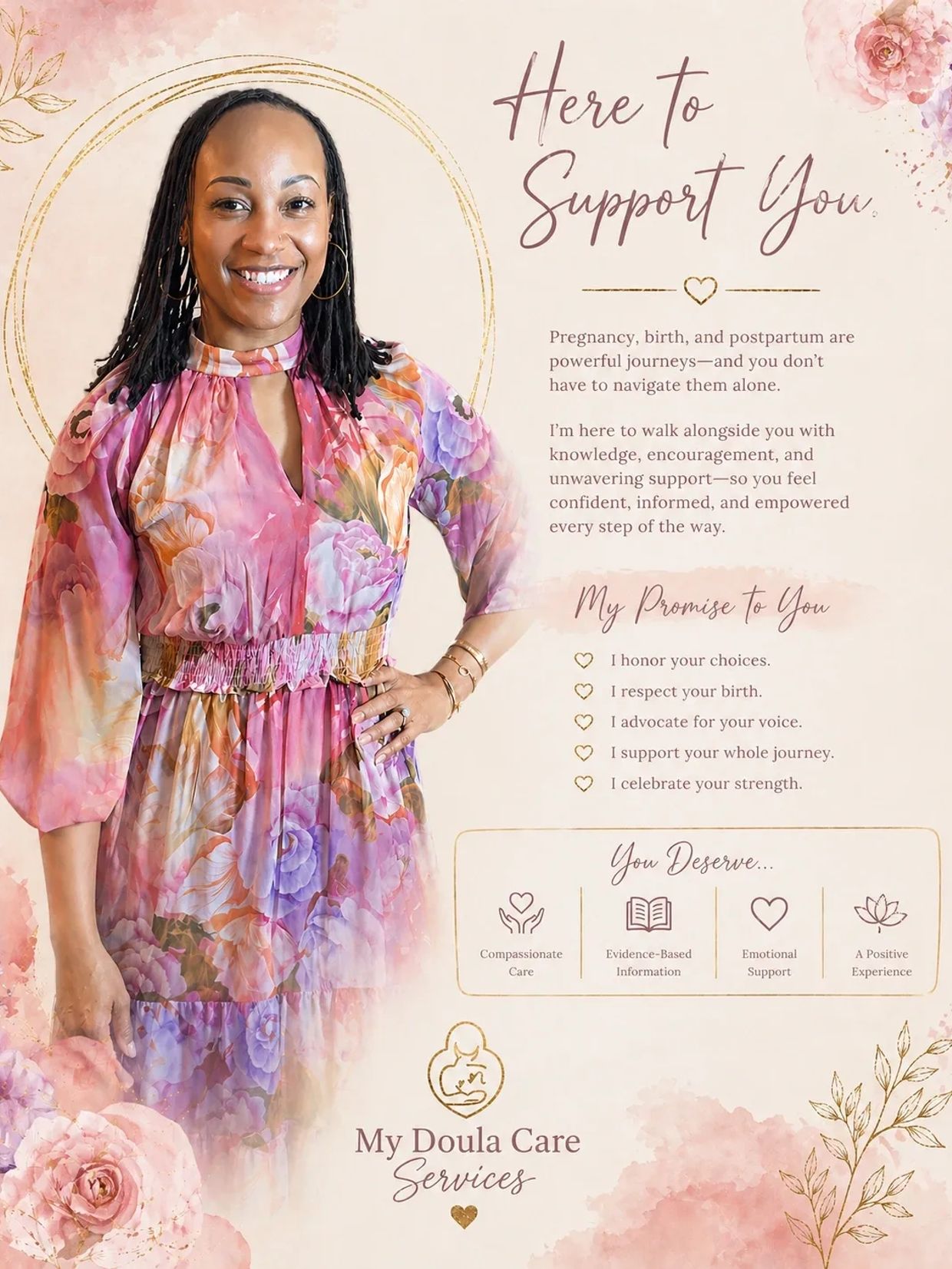 A smiling woman promotes supportive doula care for pregnancy, birth, and postpartum journeys.