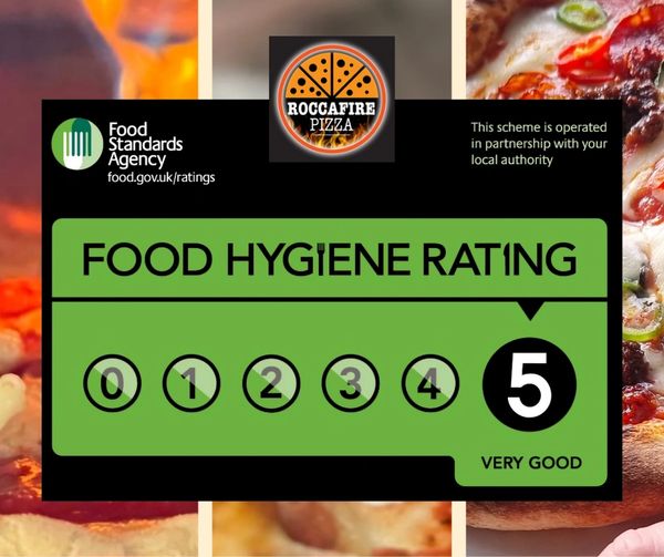 Food hygiene rating 5 for Roccafire Pizza, indicating very good standards.