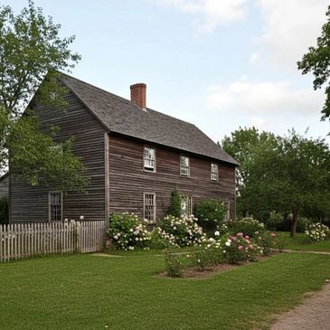 Historic wooden house with a garden and picket fence.