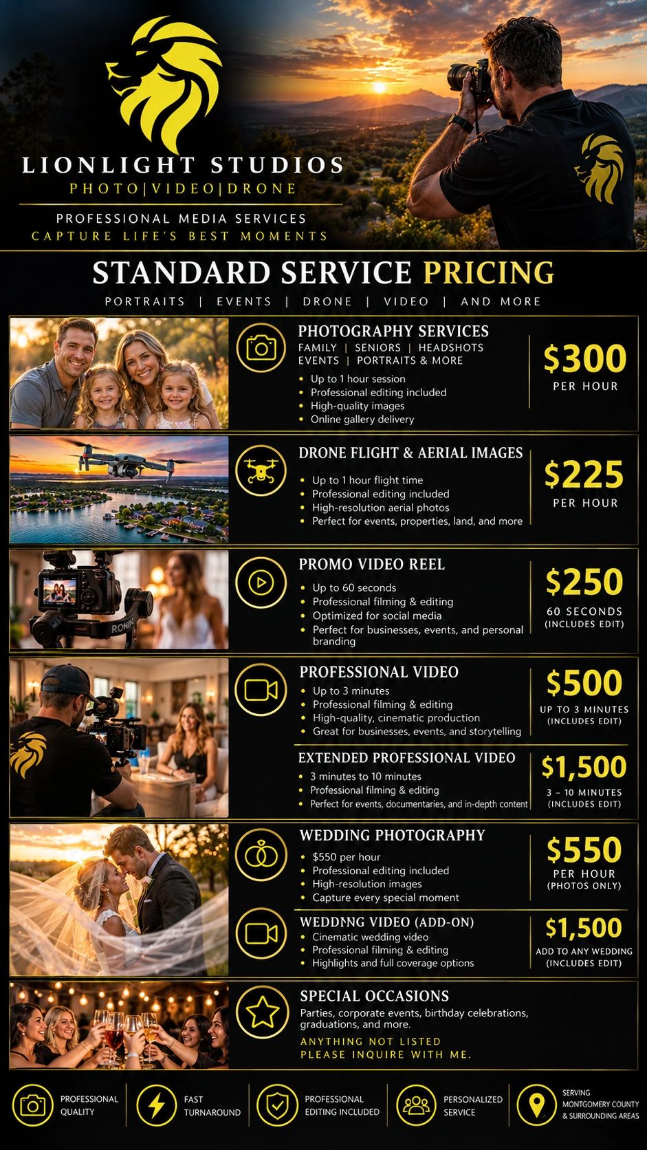LionLight Studios pricing for photography, drone, video, and wedding services.