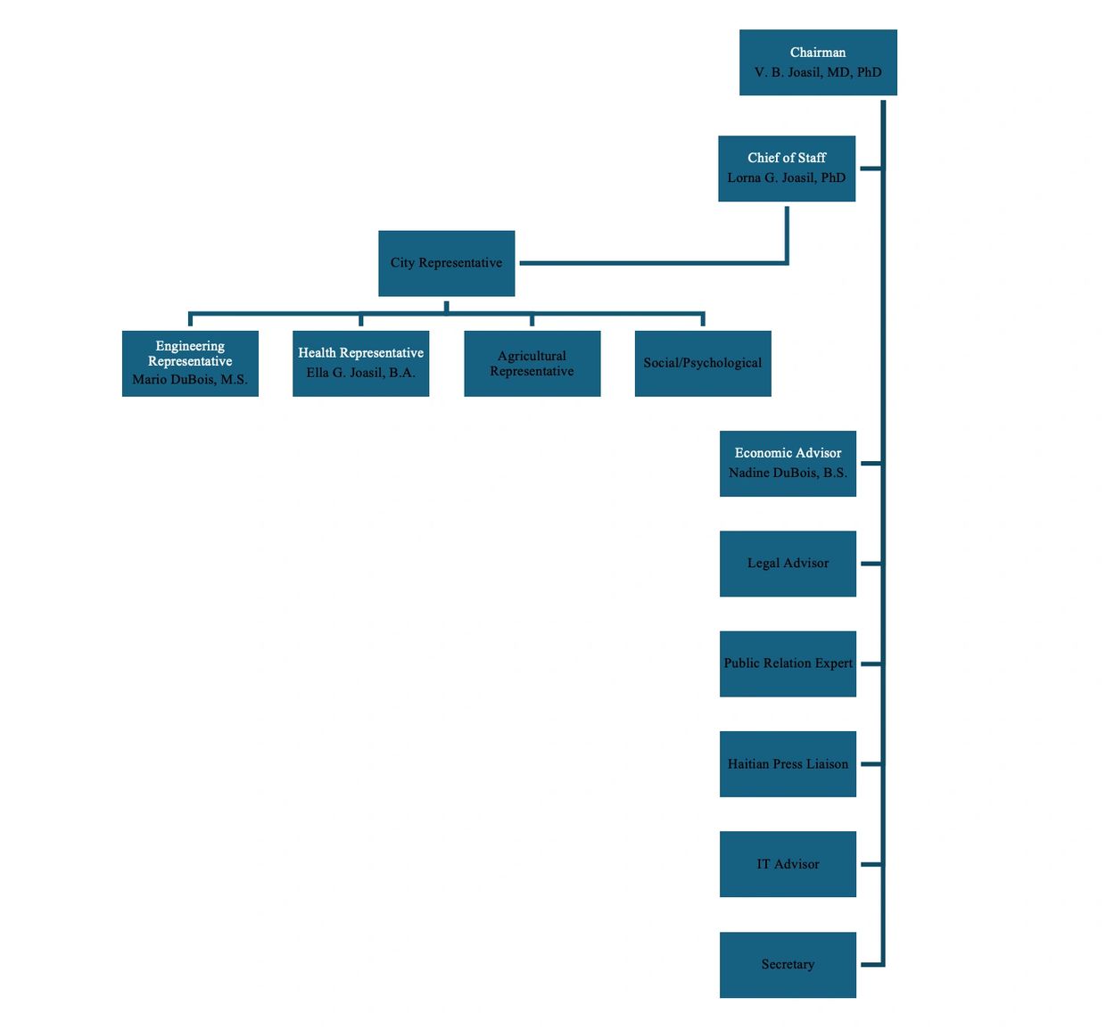 Organizational chart of various advisors and representatives under a chairman.