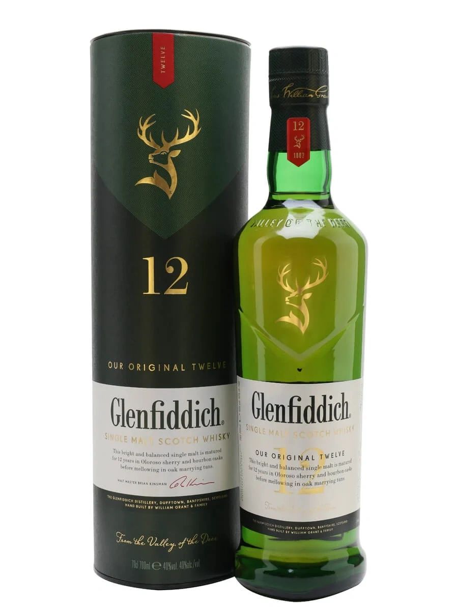 Glenfiddich 12-year-old single malt Scotch whisky bottle with packaging.