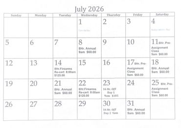 Calendar of July 2026 with scheduled firearm-related classes and pre-assignments.