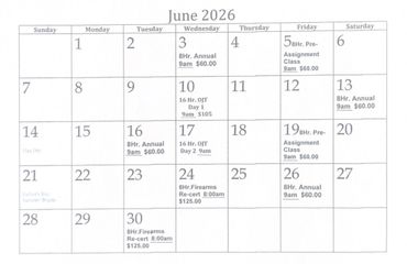 June 2026 calendar with annual events and firearm classes scheduled.