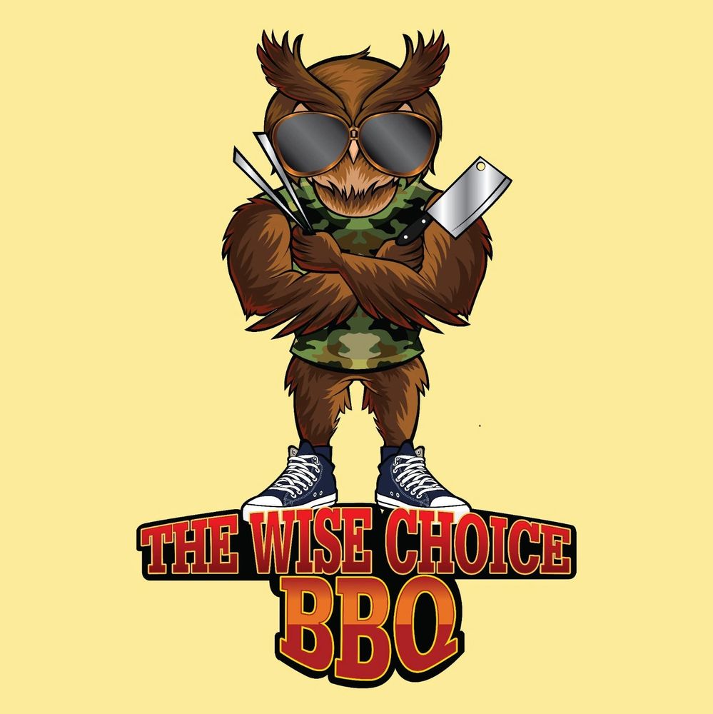 Cool owl mascot with sunglasses holding BBQ tools, wearing camo shirt and sneakers.