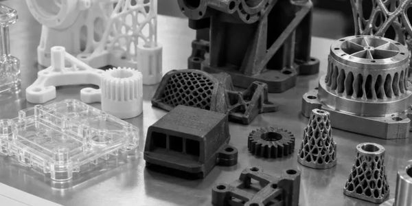 3D printed mechanical parts on a table.