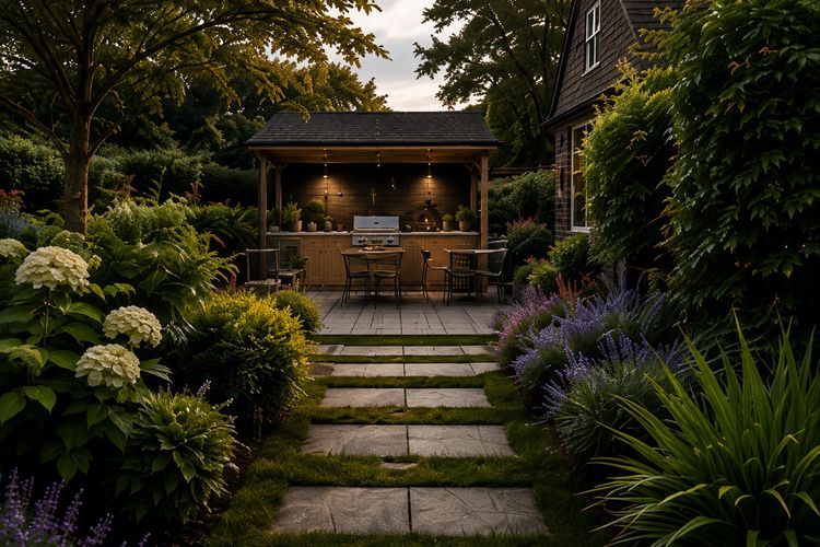 Bespoke outdoor kitchen designed within a landscaped garden