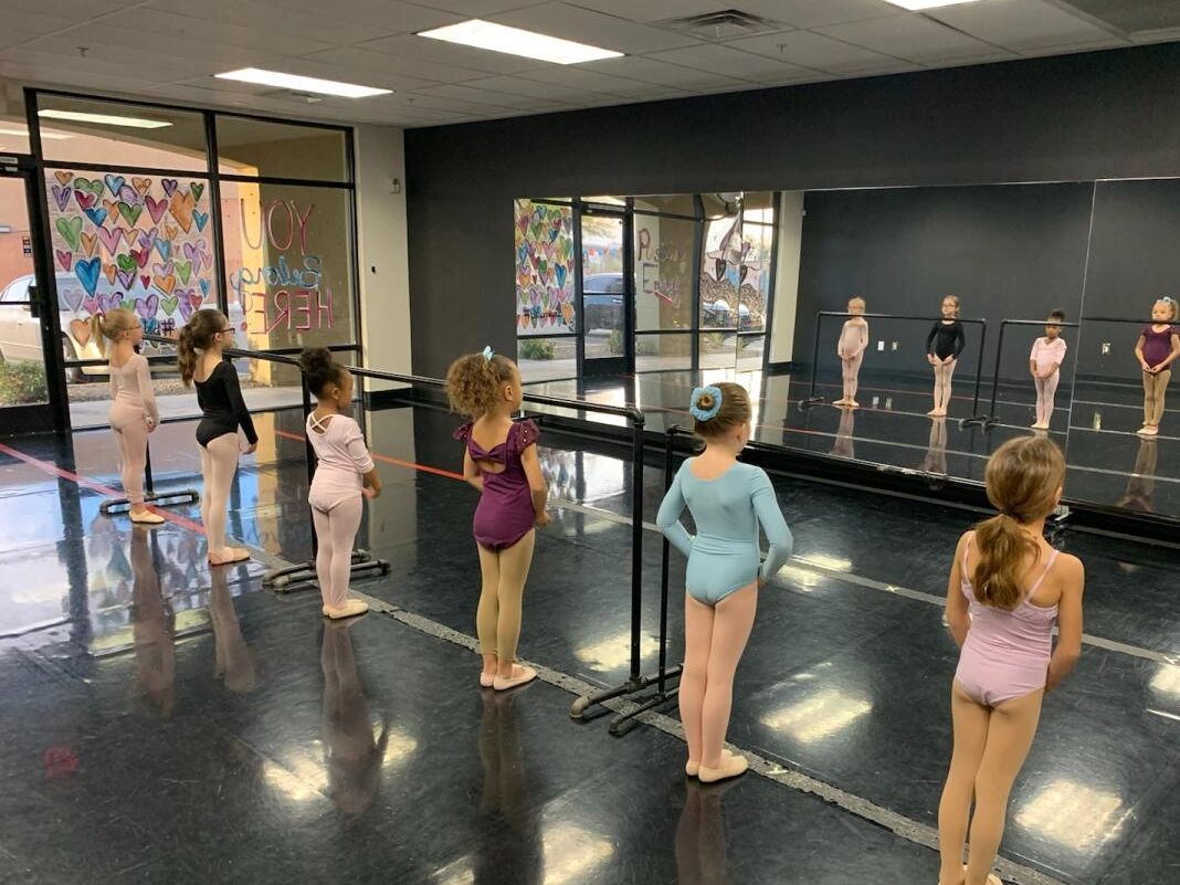 Young girls practicing ballet at a dance studio.