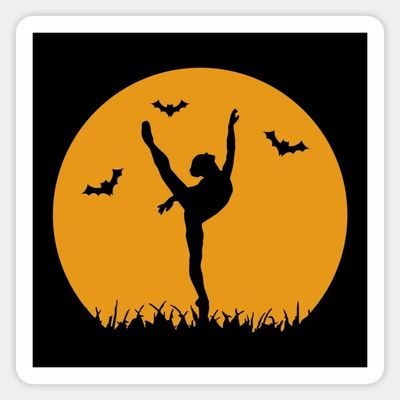 Silhouette of a dancer with bats flying against an orange moon.