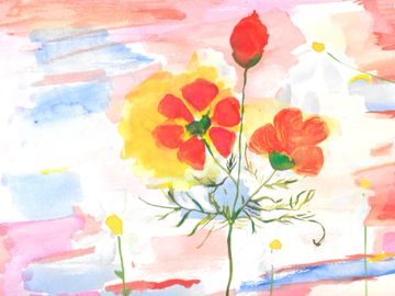 Watercolor painting of colorful flowers with a soft pastel background.