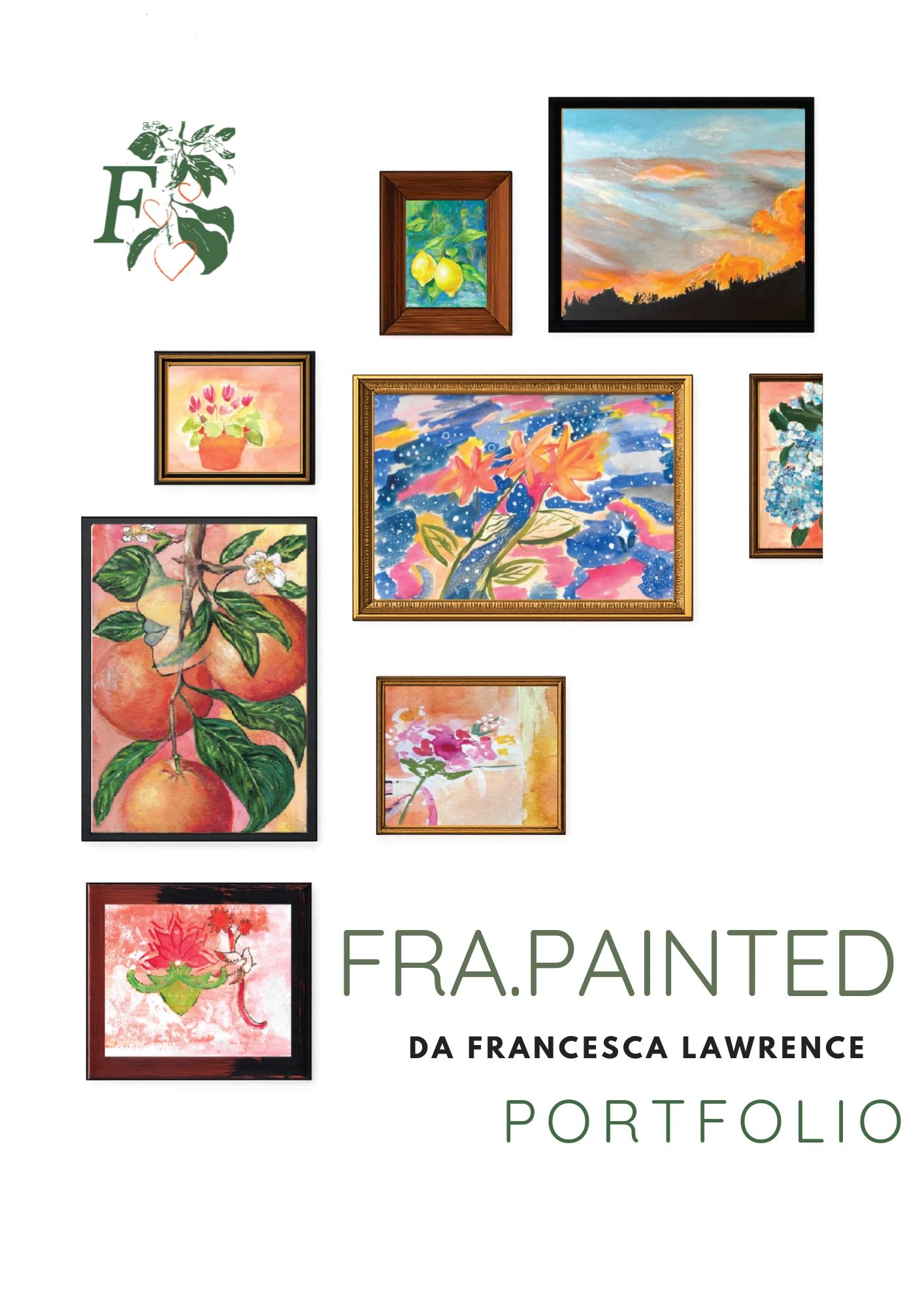 A collection of colorful framed paintings showcasing florals and landscapes by Francesca Lawrence.