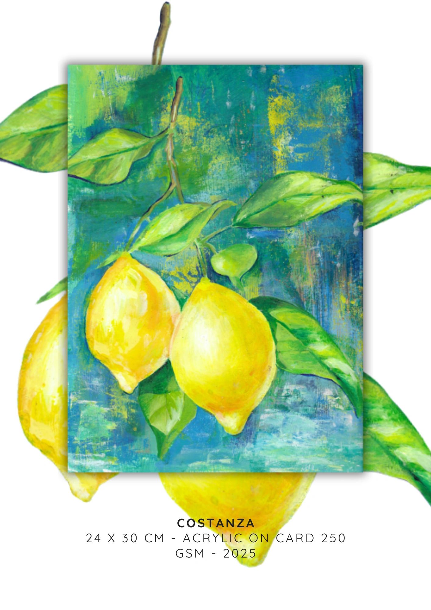 A vibrant acrylic painting of two lemons on a branch with green leaves against a textured blue background.