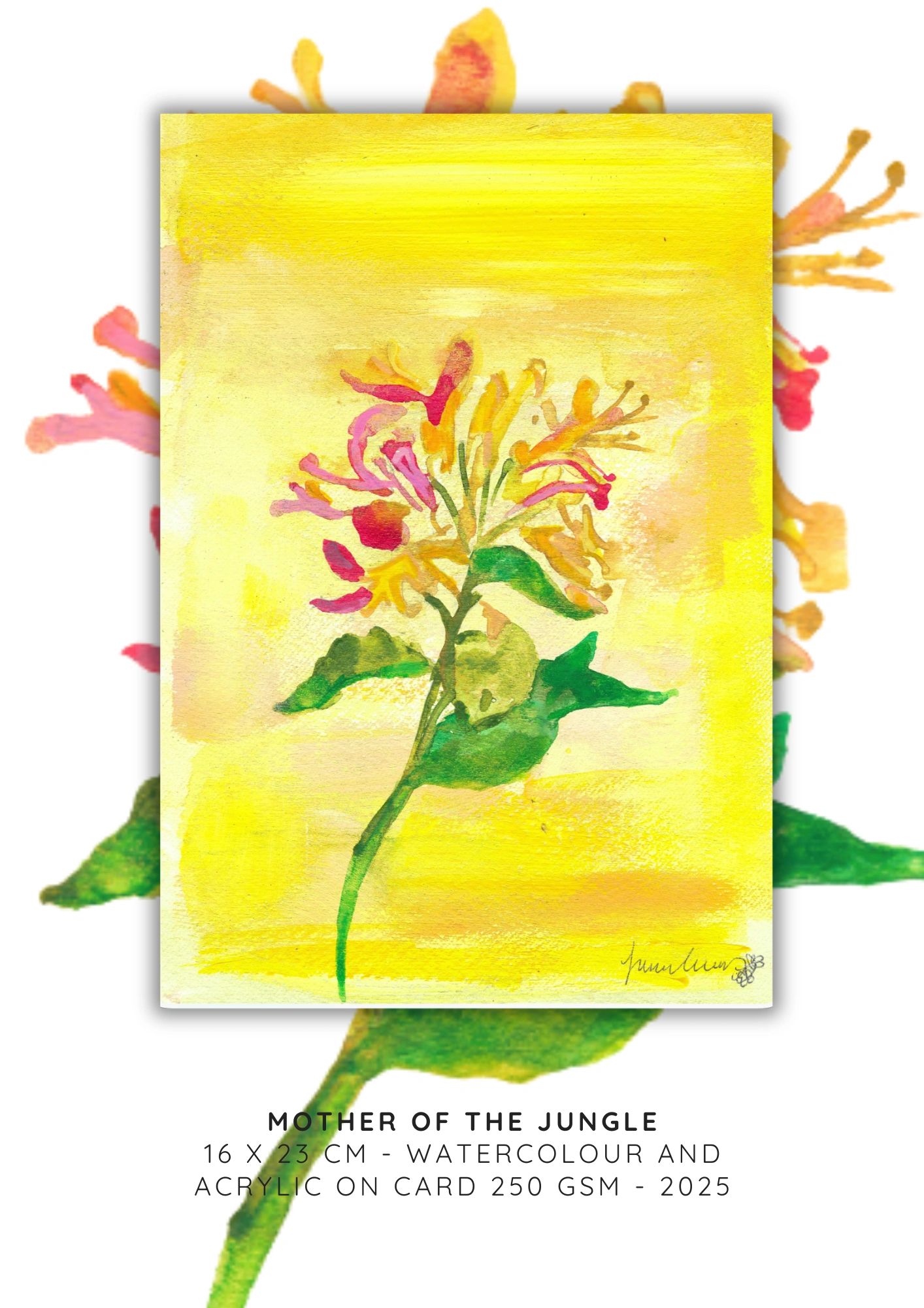 Bright watercolor and acrylic painting of a jungle flower with vibrant yellows and greens.
