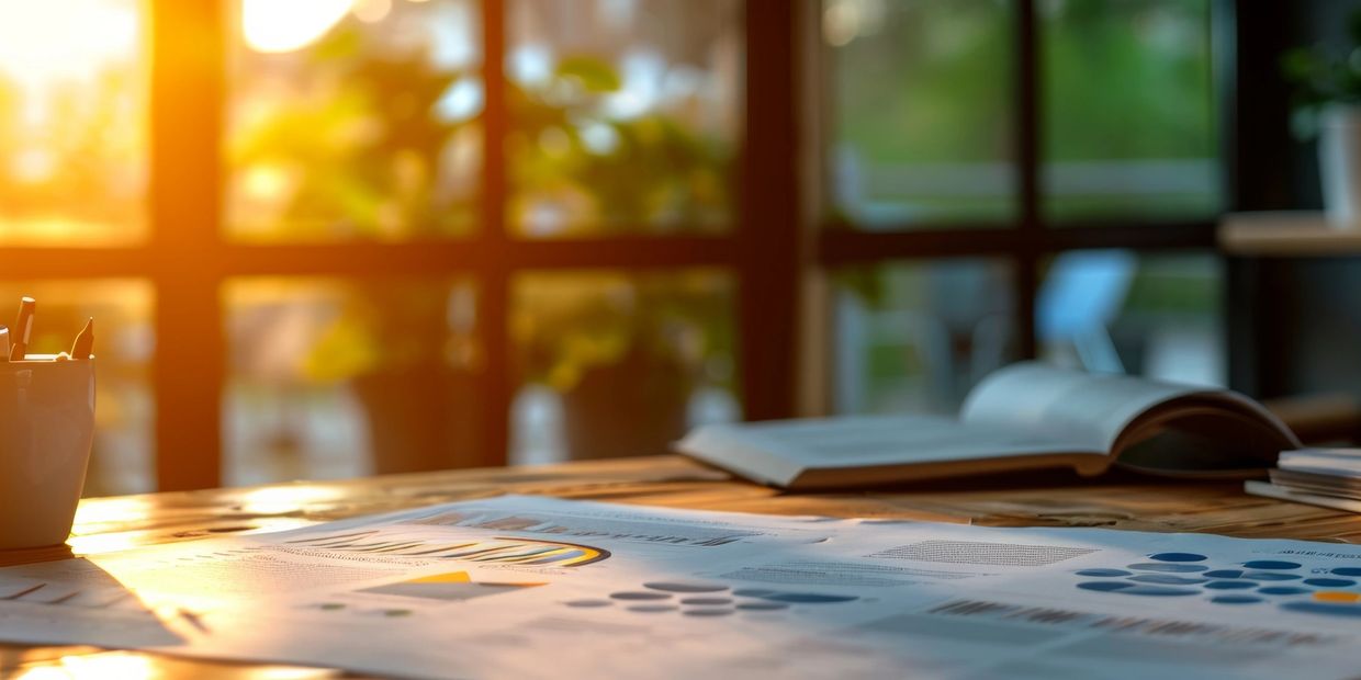 Sunlit workspace with documents and an open book on a wooden table.