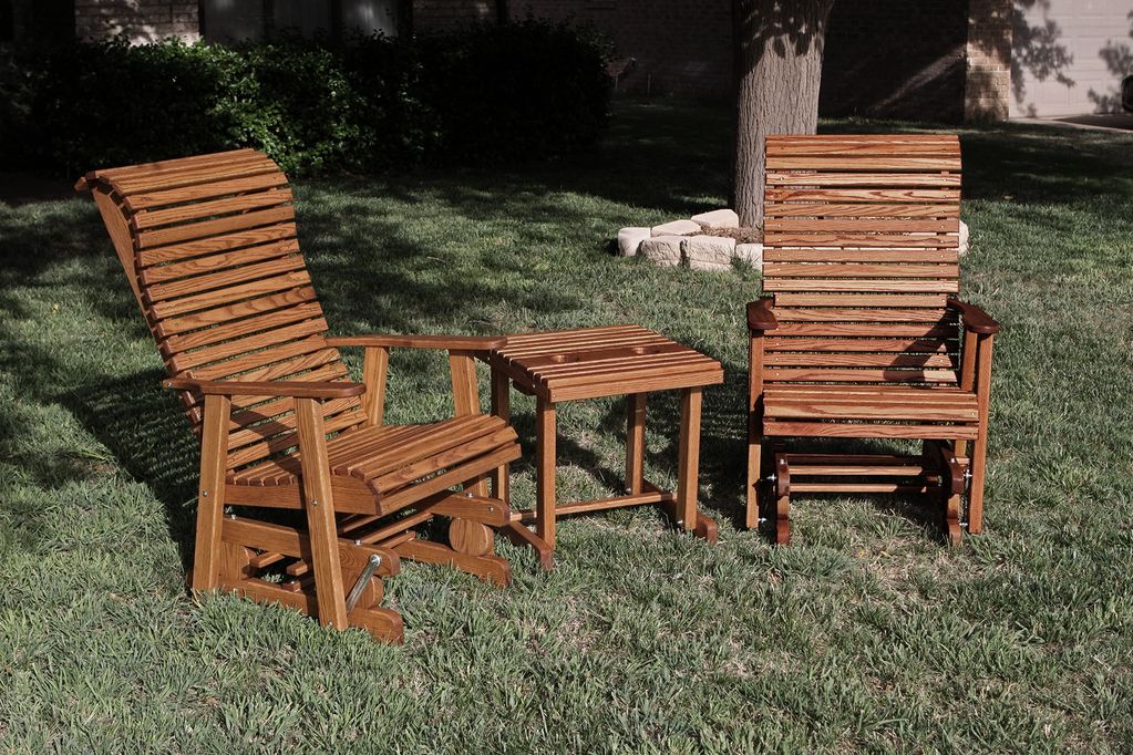 Glider rocking chairs made from solid red oak are comfortable and durable.