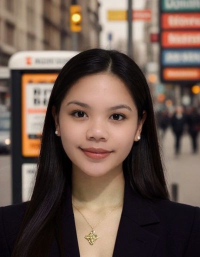 Portrait of a young woman with long dark hair on a city street.