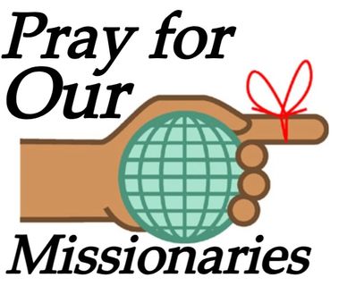 Illustration urging to pray for missionaries with a hand and globe graphic.