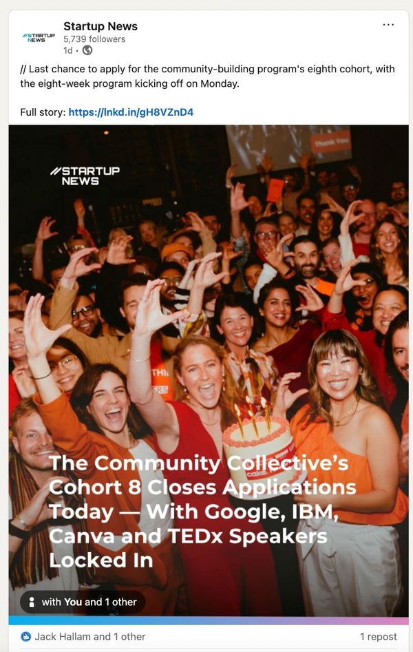 Group celebrating the closing of applications for Community Collective's eighth cohort.