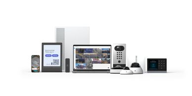 A collection of smart security devices with screens and cameras.