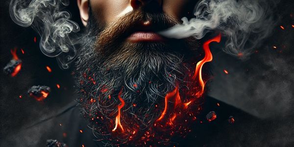 Mans beard is on fire and smoking