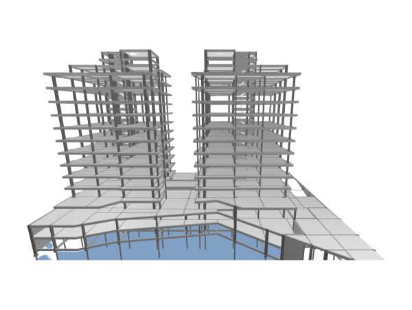 Estrutura metálica de dois prédios em construção.
