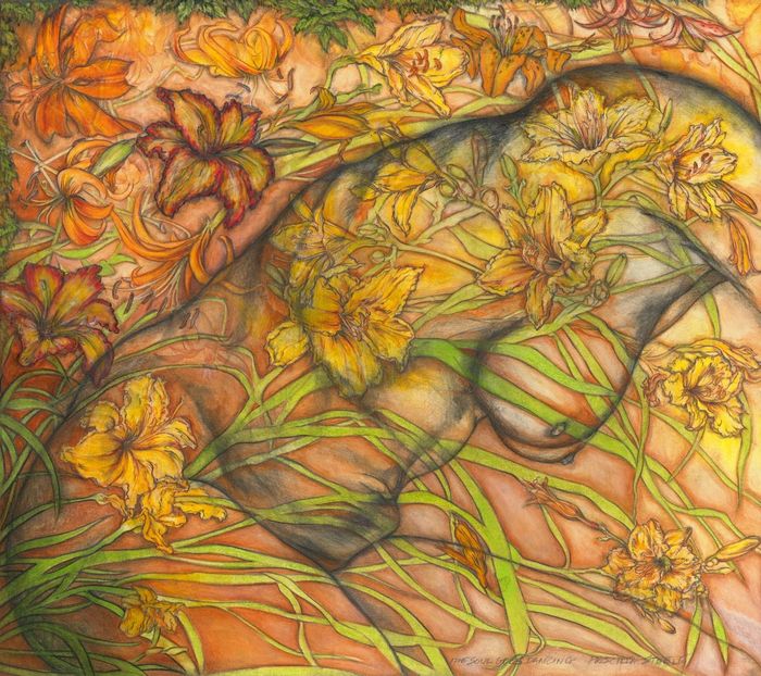 "The Soul Goes Dancing", a mixed media drawing by Priscilla Steele.