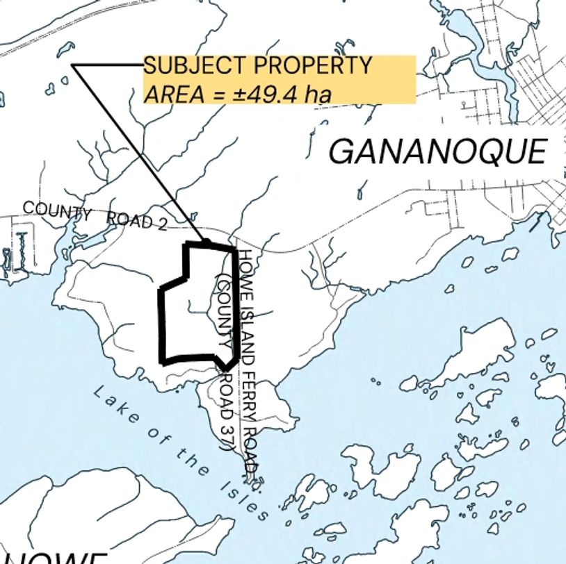 Map showing 49.4-hectare subject property near Gananoque and Lake of the Isles.