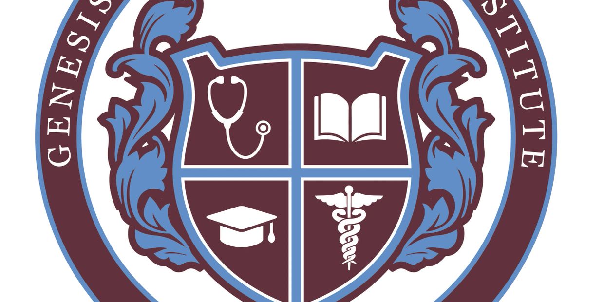 Medical institute emblem with stethoscope, book, graduation cap, and caduceus symbols.