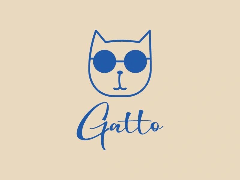 Blue cat face with sunglasses and the word 'Gatto'.