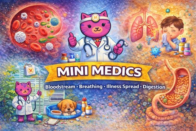 Colorful illustration of Mini Medics featuring a cat doctor and human body systems like bloodstream and digestion.
