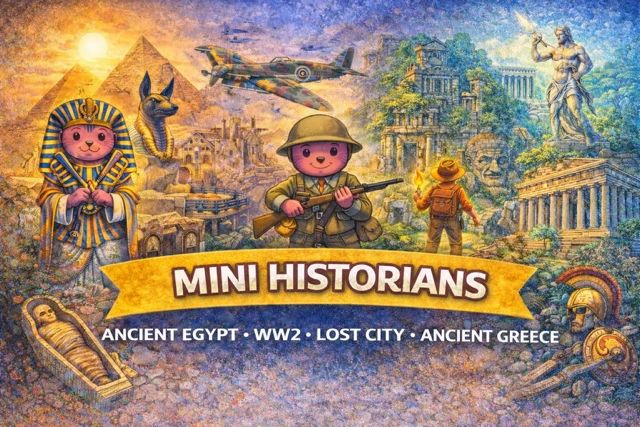 Colorful illustration of mini historians exploring Ancient Egypt, WW2, Lost City, and Ancient Greece.