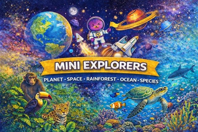 Colorful Mini Explorers poster featuring space, rainforest, and ocean themes with animals and planets.