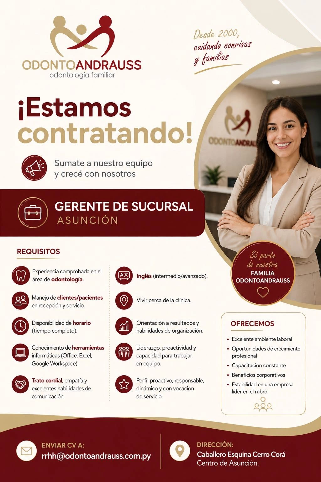 Anuncio de contratación para gerente de sucursal en odontología familiar en Asunción.