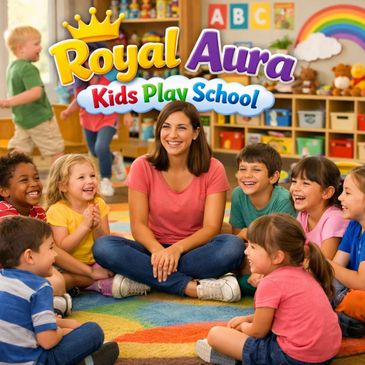 Happy kids sitting in a circle with a teacher at Royal Aura Kids Play School.