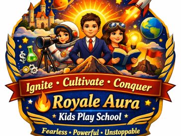 Colorful logo for Royale Aura Kids Play School featuring kids, castle, rocket, and science symbols.