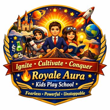 Colorful logo for Royale Aura Kids Play School featuring kids, castle, rocket, and science symbols.