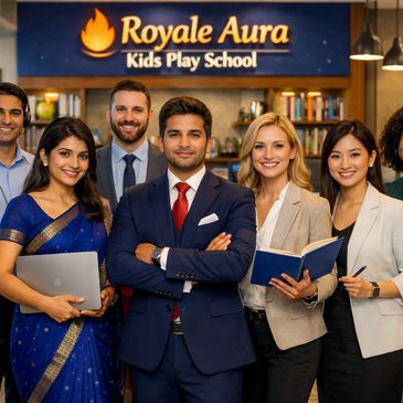 Diverse professional team posing at Royale Aura Kids Play School.