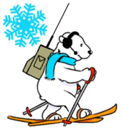 A polar bear skiing with a blue scarf and radio.