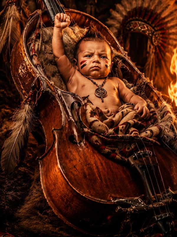 A fierce baby with face paint sits inside a large wooden cello, raising a fist.