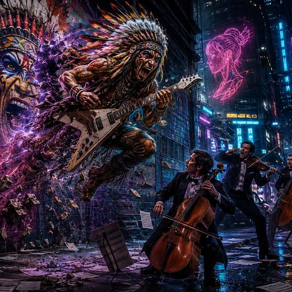 A rock guitarist in Native American attire bursts through a wall playing for classical musicians in a neon-lit city.
