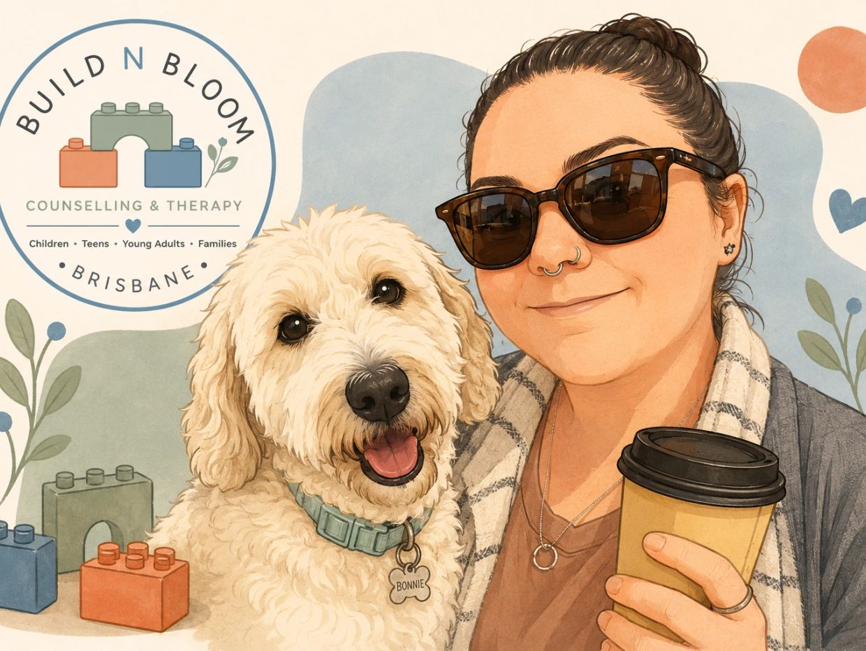 Woman with sunglasses and a dog named Bonnie, holding a coffee cup, with a therapy counseling logo.